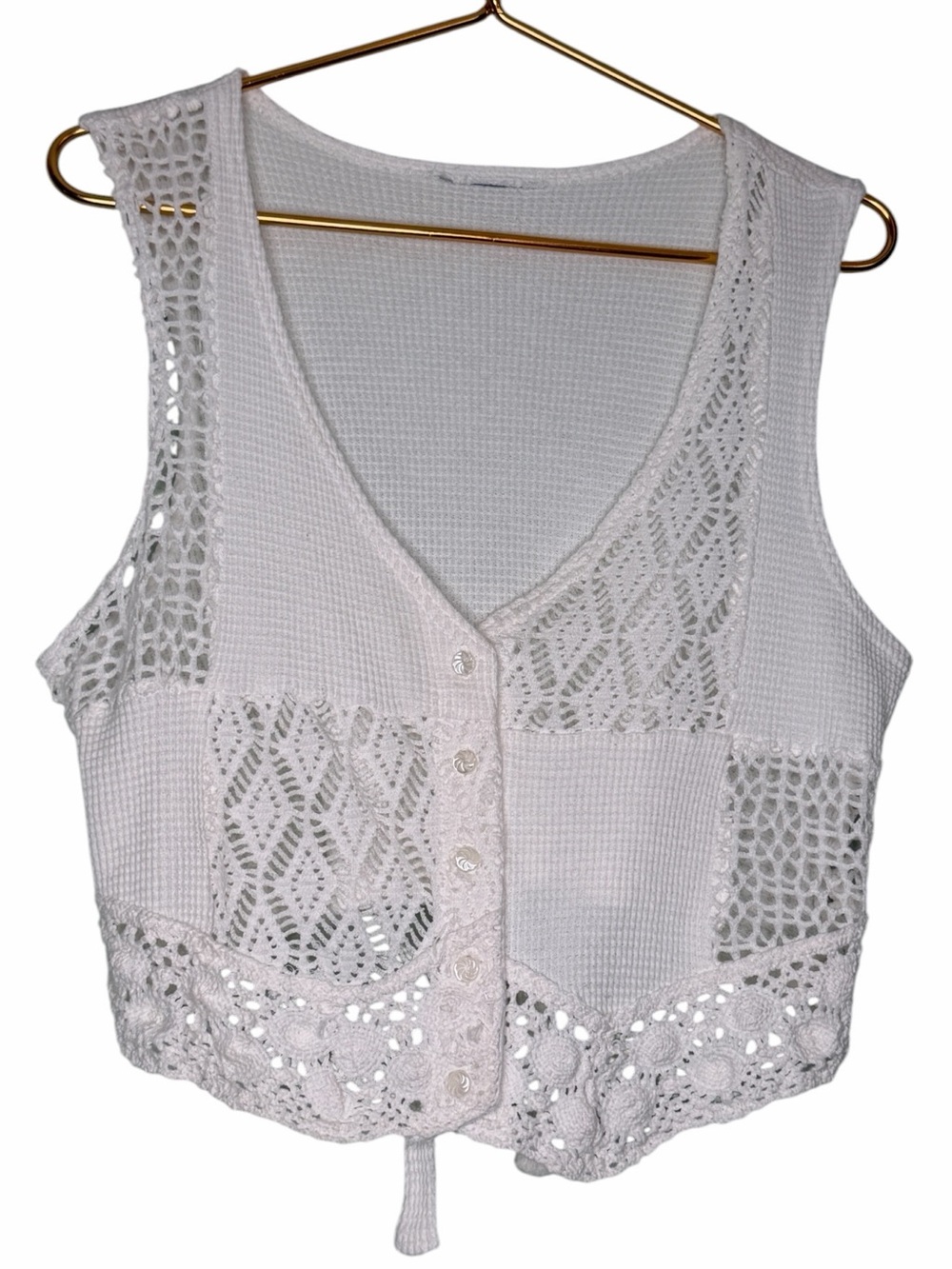 Vintage 90s White Crochet and Waffle Knit Patchwork Button-Front Women's Vest